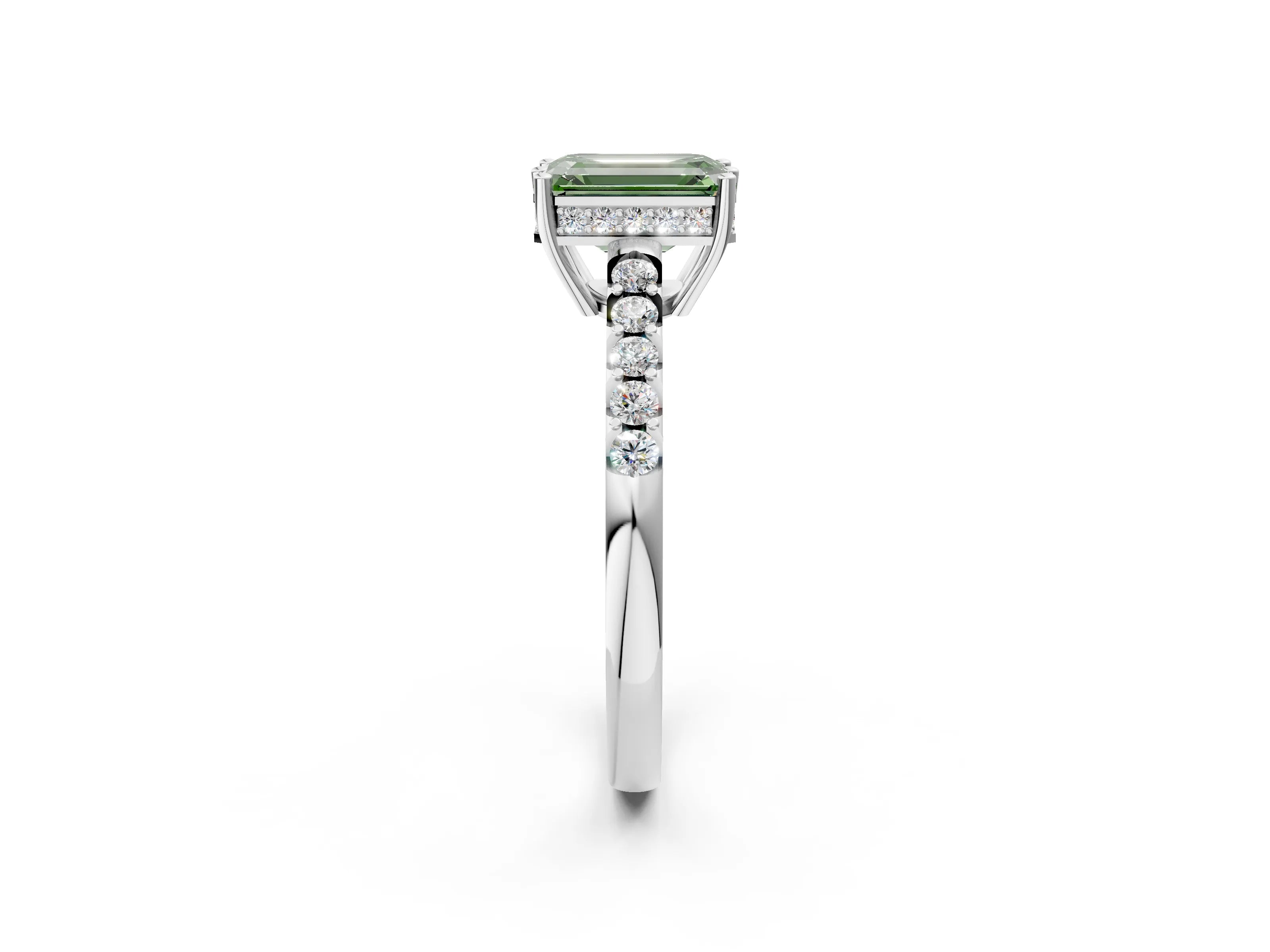 White gold Fancy Green Emerald Cut Solitaire Diamond Engagement Ring with Pavé Band and Six-Prong Setting_14