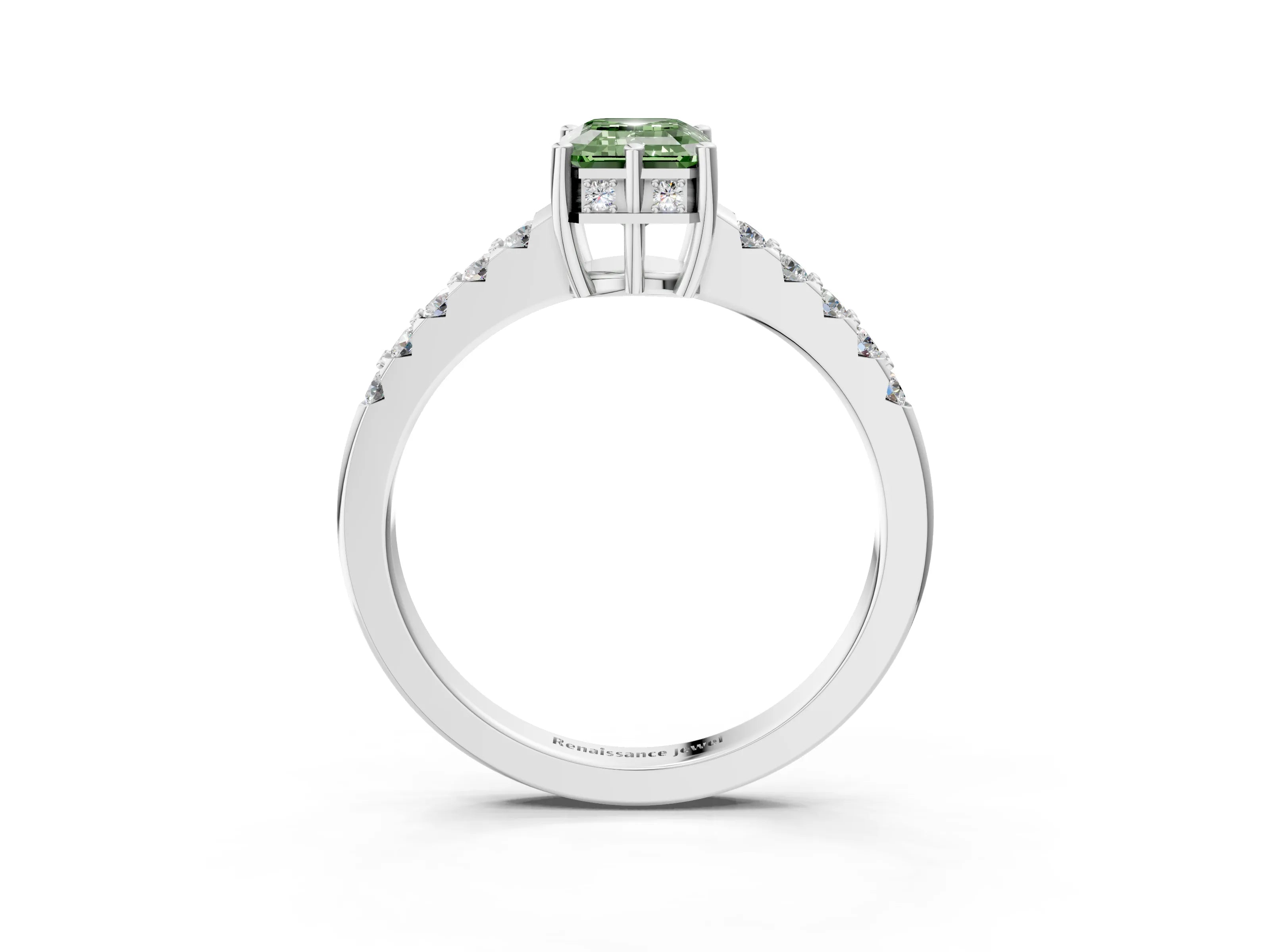White gold Fancy Green Emerald Cut Solitaire Diamond Engagement Ring with Pavé Band and Six-Prong Setting_15