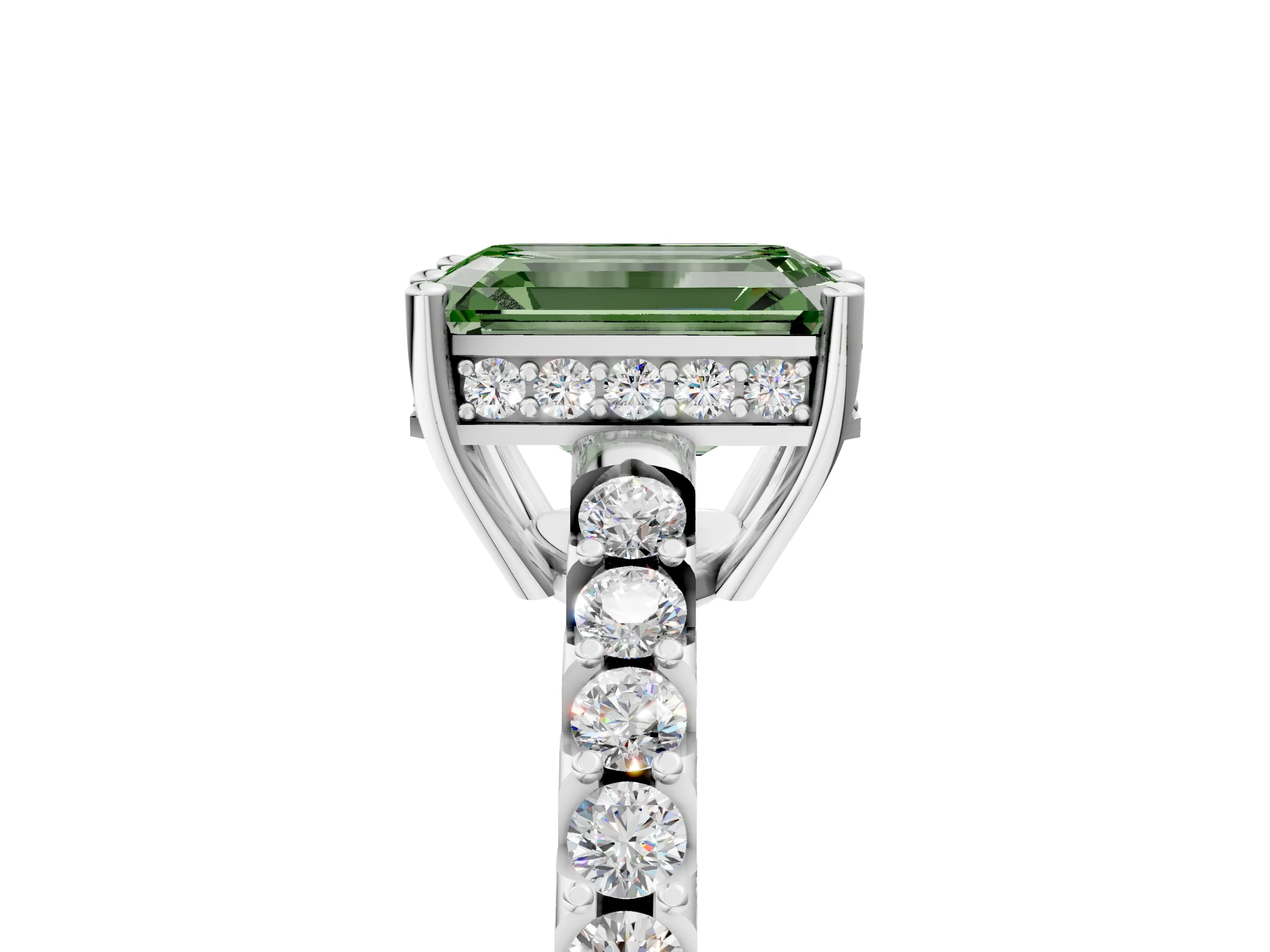 White gold Fancy Green Emerald Cut Solitaire Diamond Engagement Ring with Pavé Band and Six-Prong Setting_17