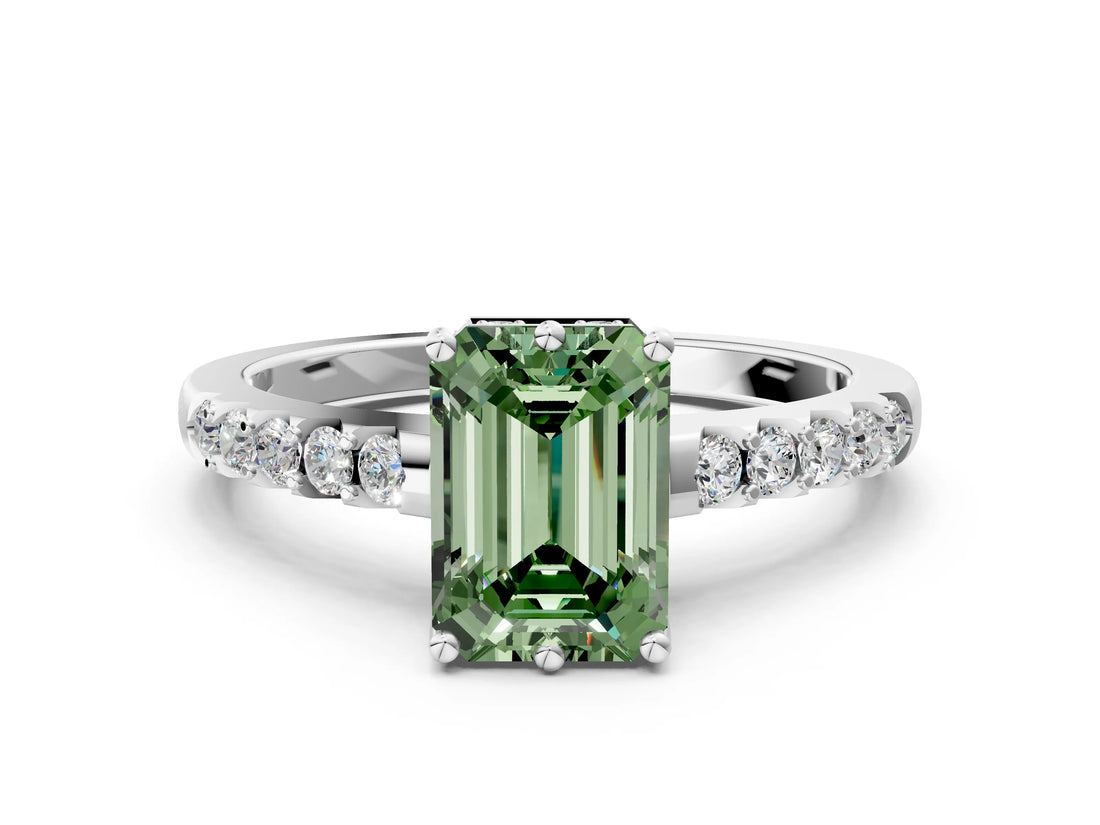 White gold Fancy Green Emerald Cut Solitaire Diamond Engagement Ring with Pavé Band and Six-Prong Setting_24