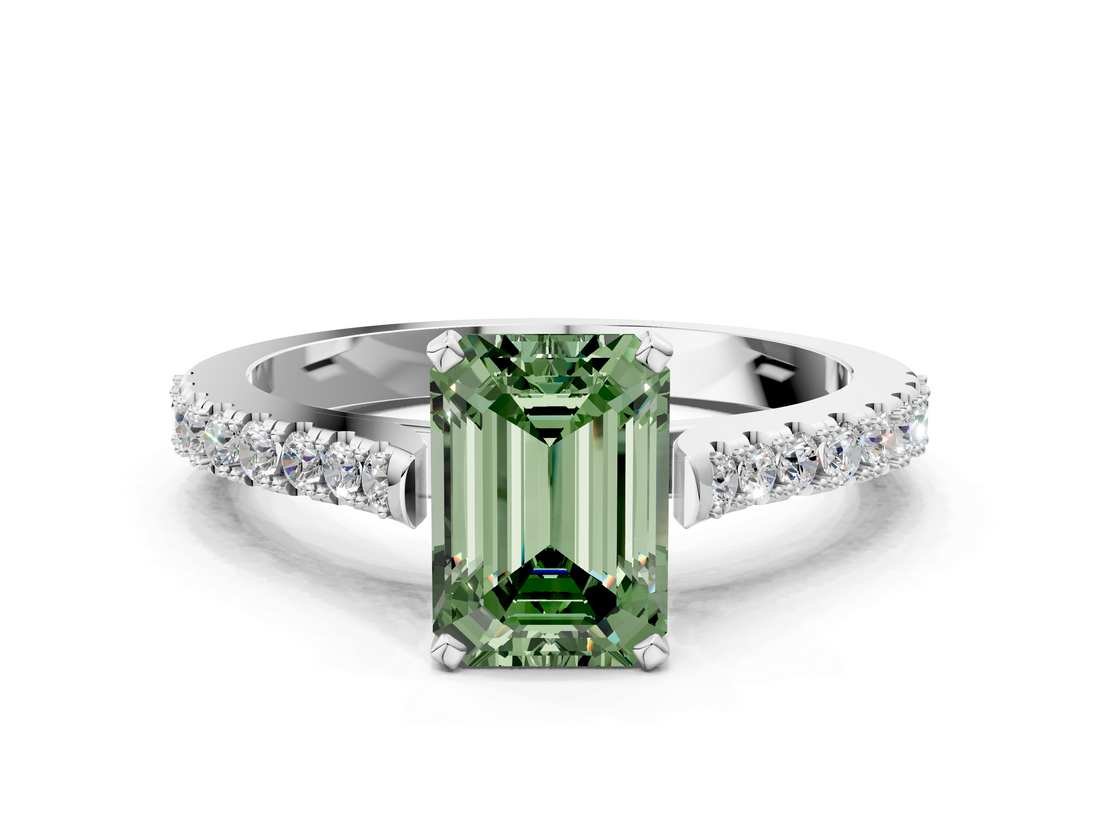 White gold Fancy Green Emerald  Cut Solitaire Diamond Engagement Ring with Pave Band and Four-Prong Setting_181