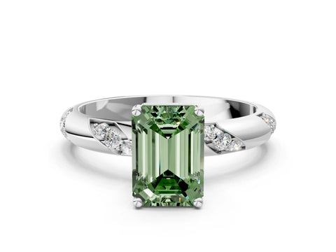 White gold Fancy Green Emerald Cut Solitaire Diamond Engagement Ring with Twisted Pave Band and Four-Prong Setting_19