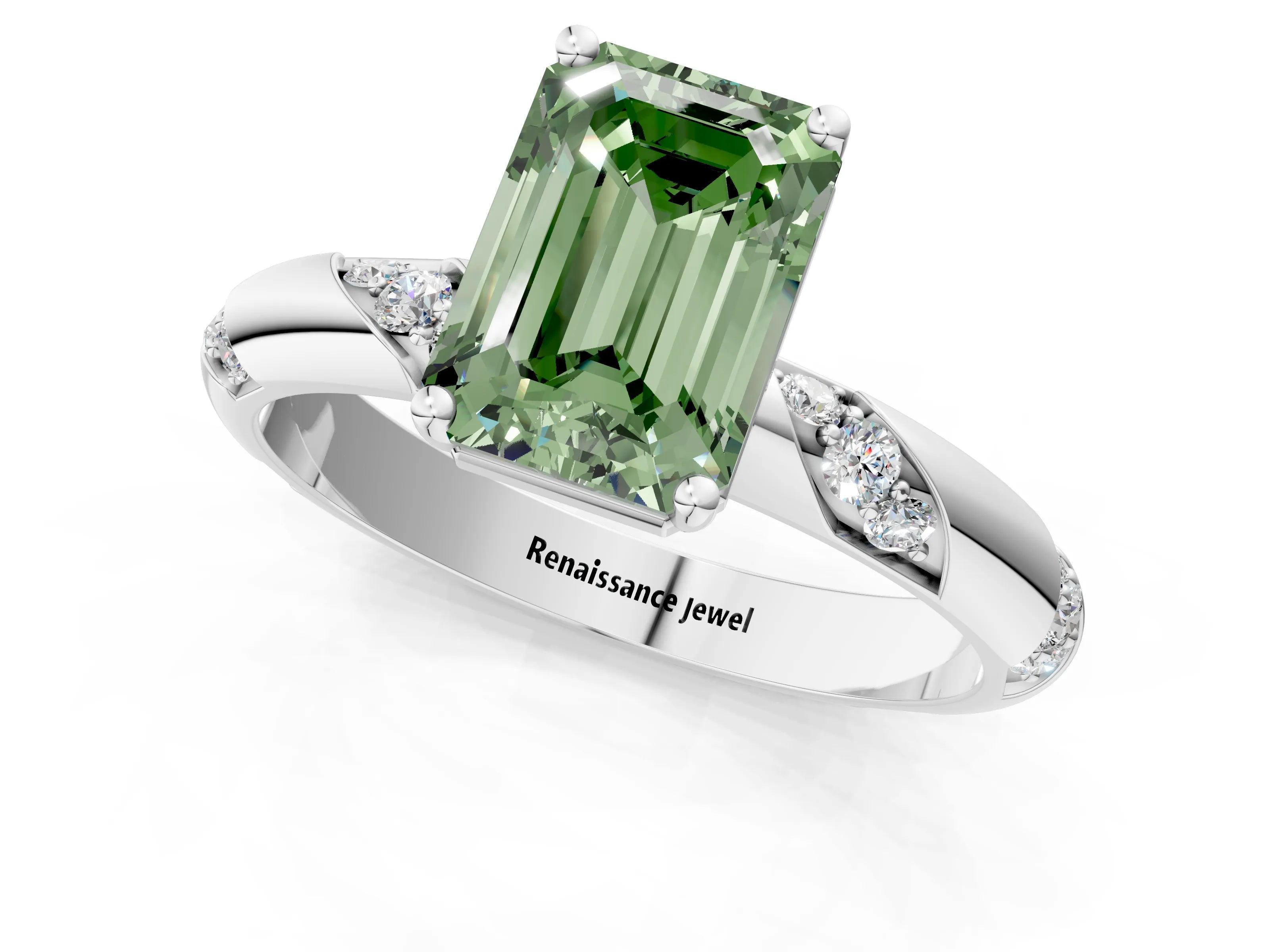 White gold Fancy Green Emerald Cut Solitaire Diamond Engagement Ring with Twisted Pave Band and Four-Prong Setting_20