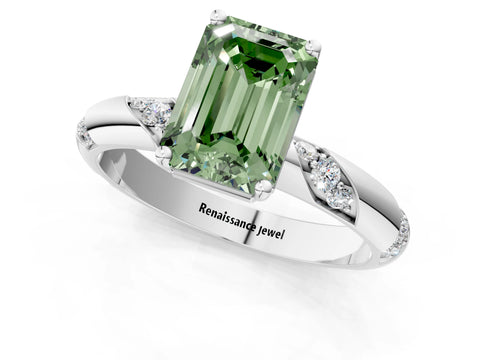 White gold Fancy Green Emerald Cut Solitaire Diamond Engagement Ring with Twisted Pave Band and Four-Prong Setting_20