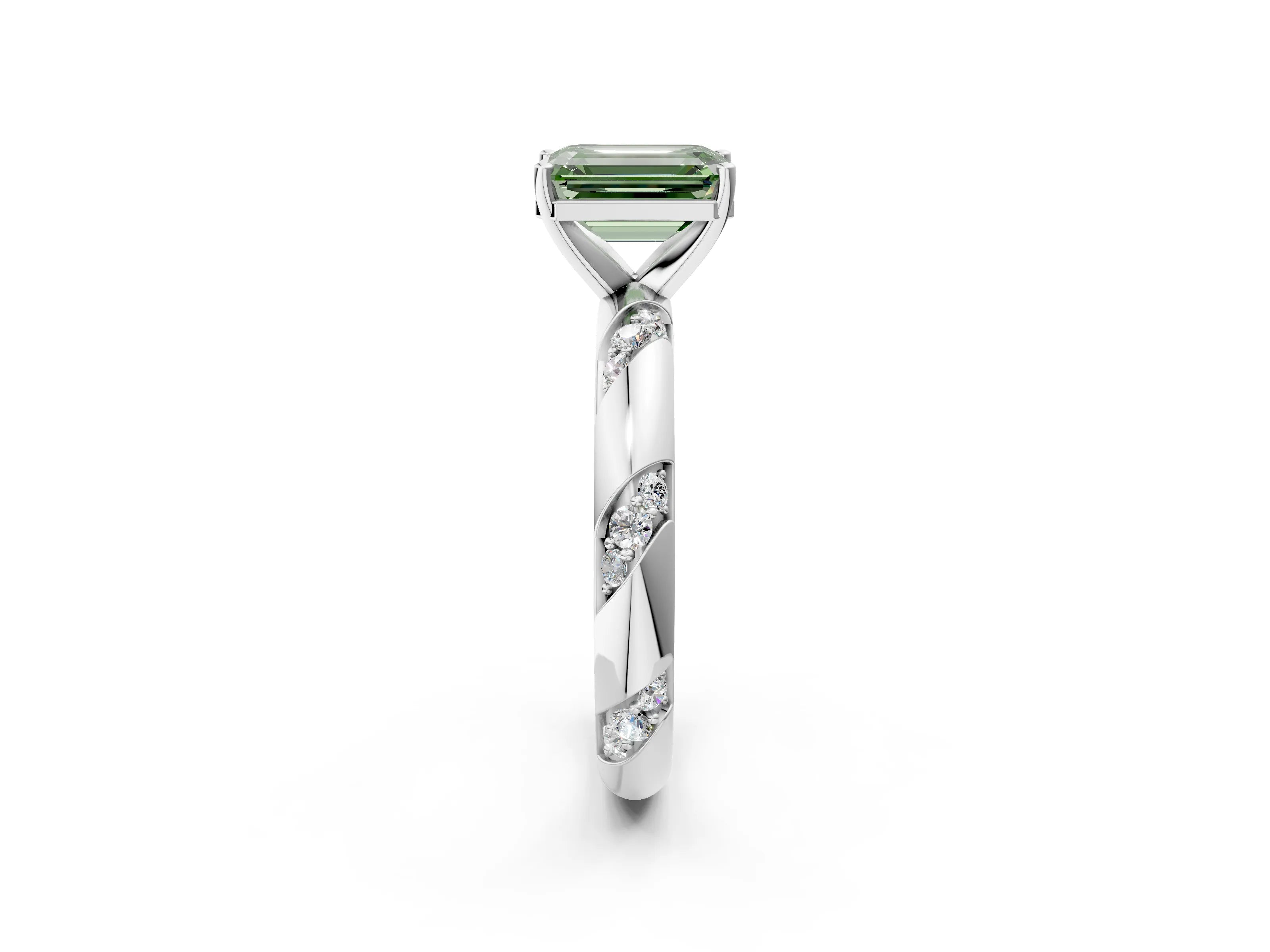 White gold Fancy Green Emerald Cut Solitaire Diamond Engagement Ring with Twisted Pave Band and Four-Prong Setting_21