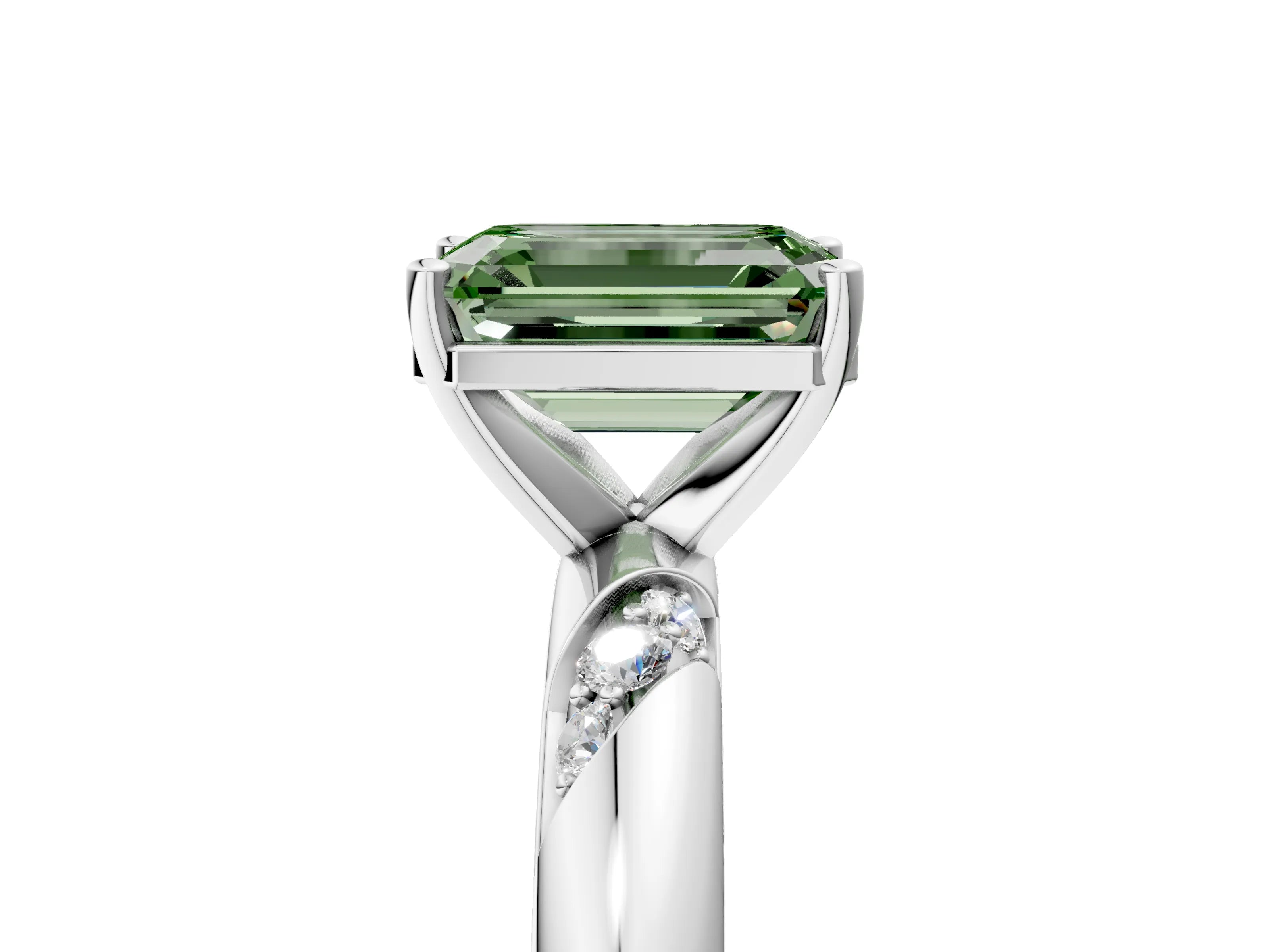 White gold Fancy Green Emerald Cut Solitaire Diamond Engagement Ring with Twisted Pave Band and Four-Prong Setting_24