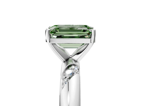 White gold Fancy Green Emerald Cut Solitaire Diamond Engagement Ring with Twisted Pave Band and Four-Prong Setting_24