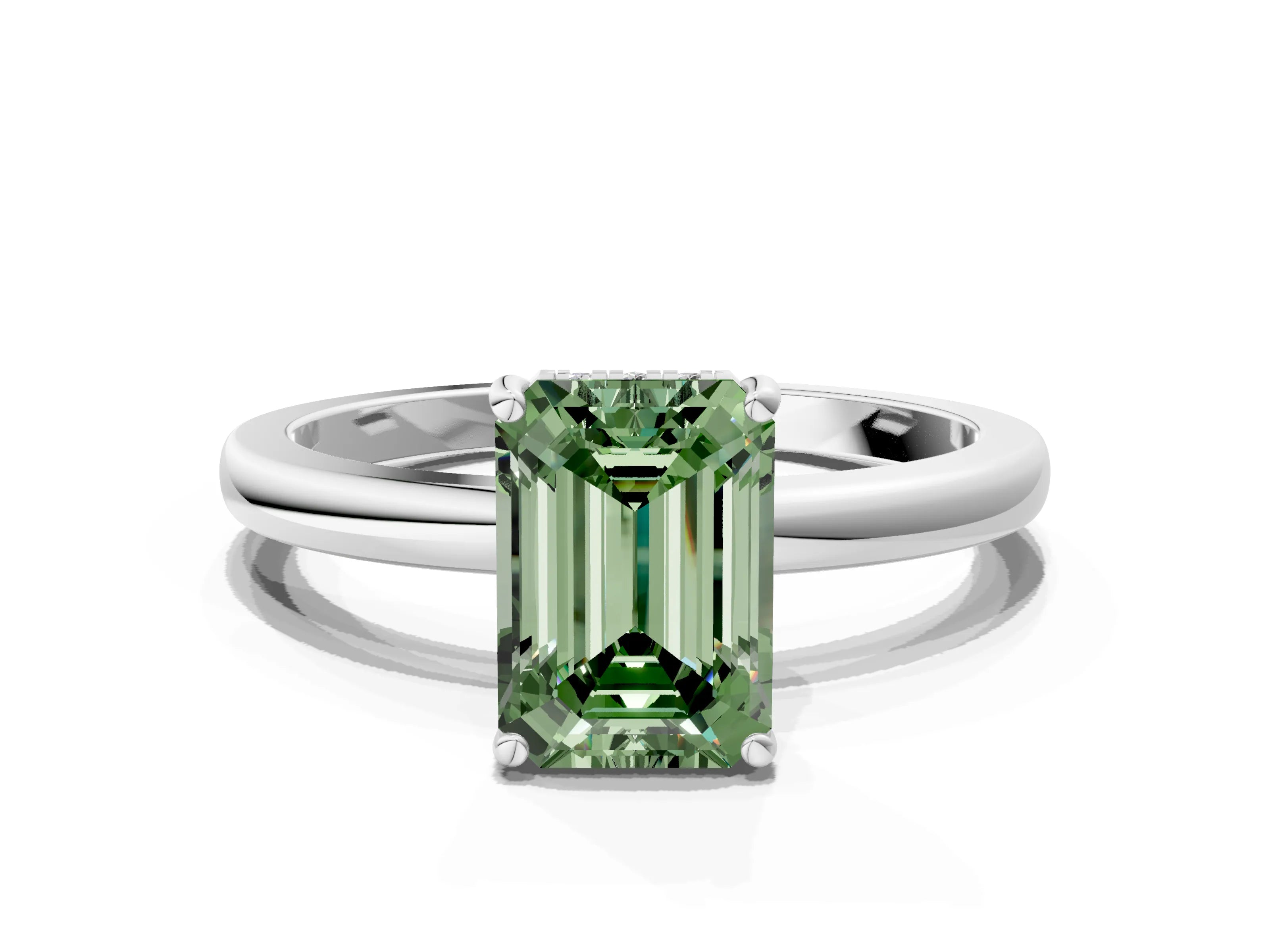 White gold Fancy Green Emerald Cut Solitaire Diamond Ring with Prong Setting and Plain Band_12