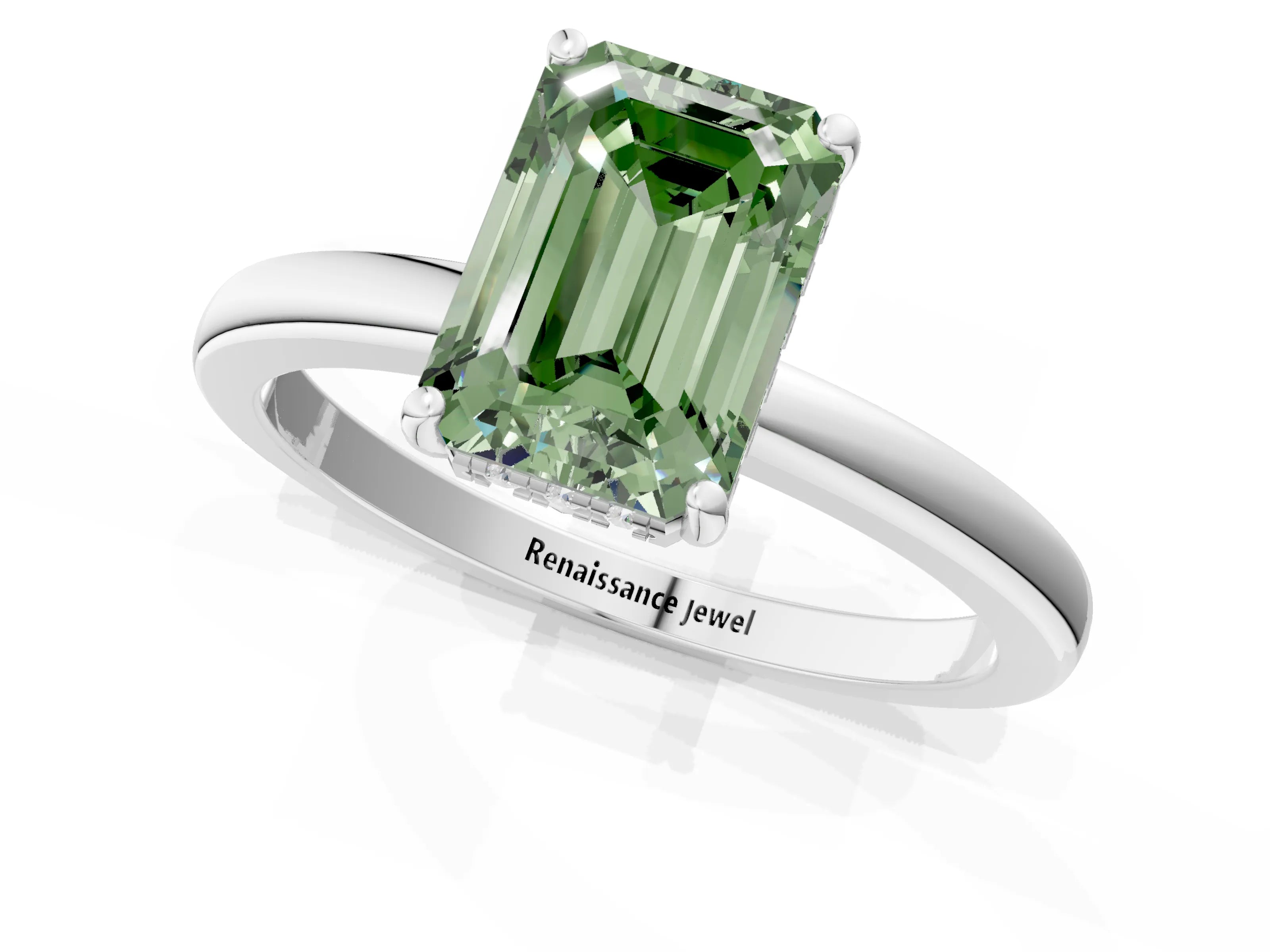 White gold Fancy Green Emerald Cut Solitaire Diamond Ring with Prong Setting and Plain Band_13