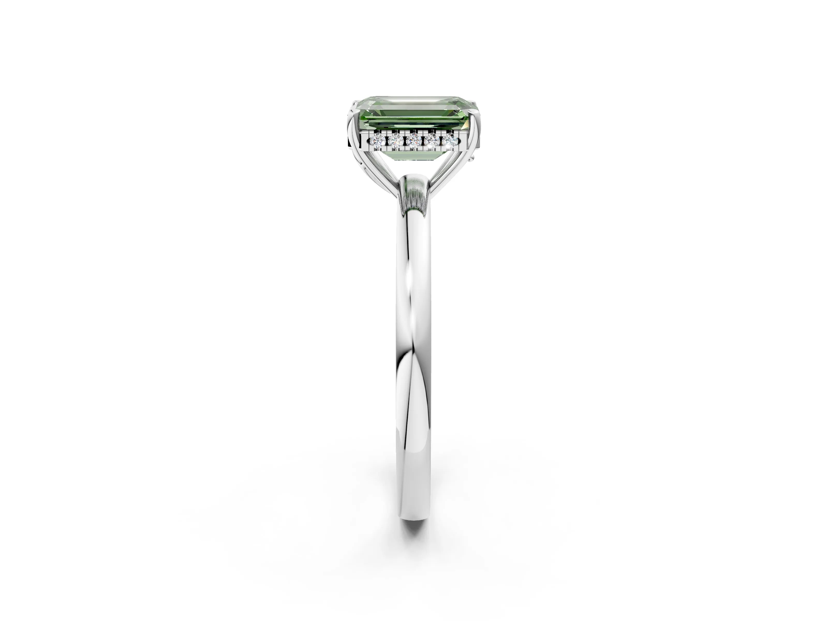 White gold Fancy Green Emerald Cut Solitaire Diamond Ring with Prong Setting and Plain Band_14