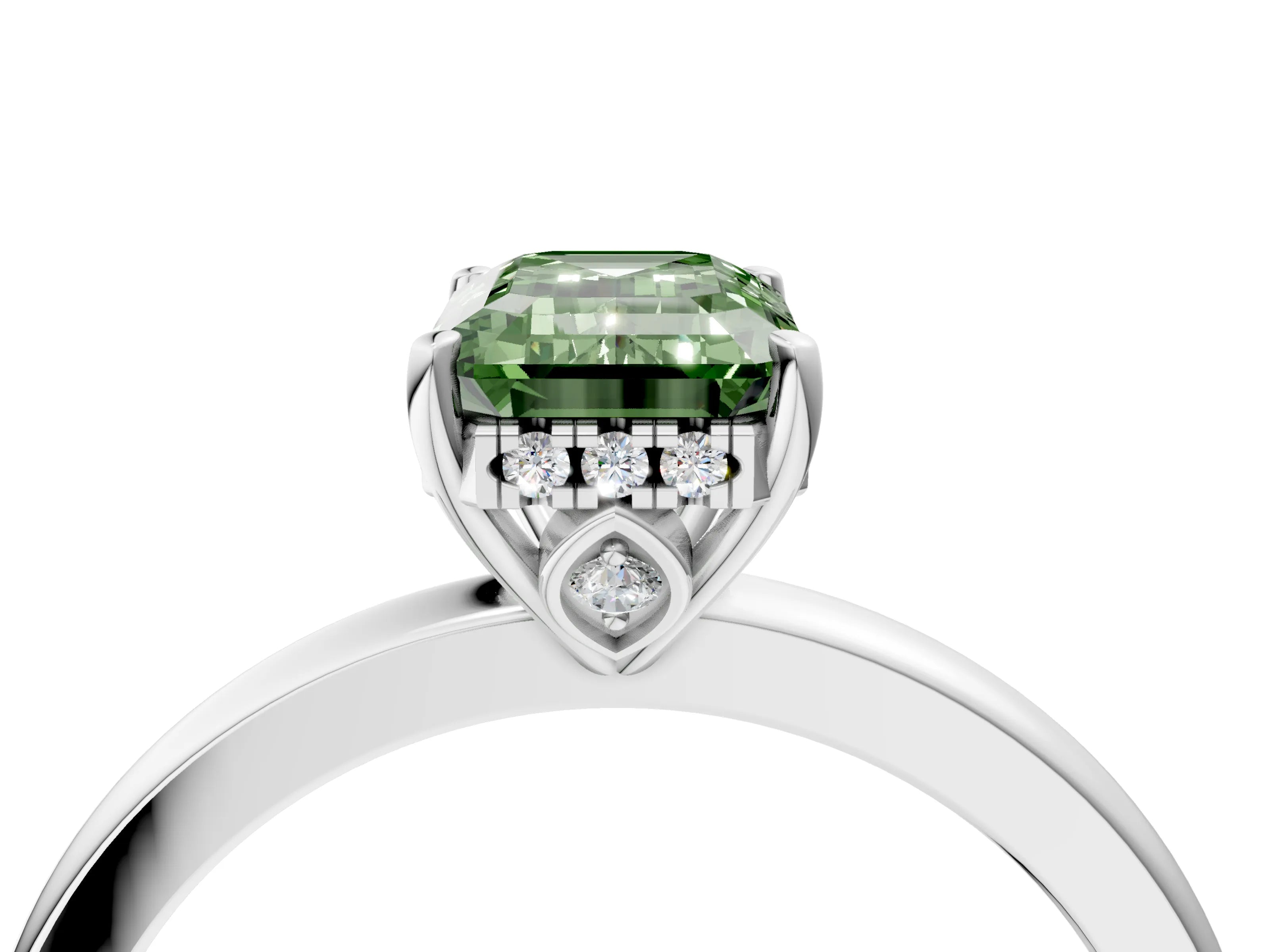 White gold Fancy Green Emerald Cut Solitaire Diamond Ring with Prong Setting and Plain Band_16