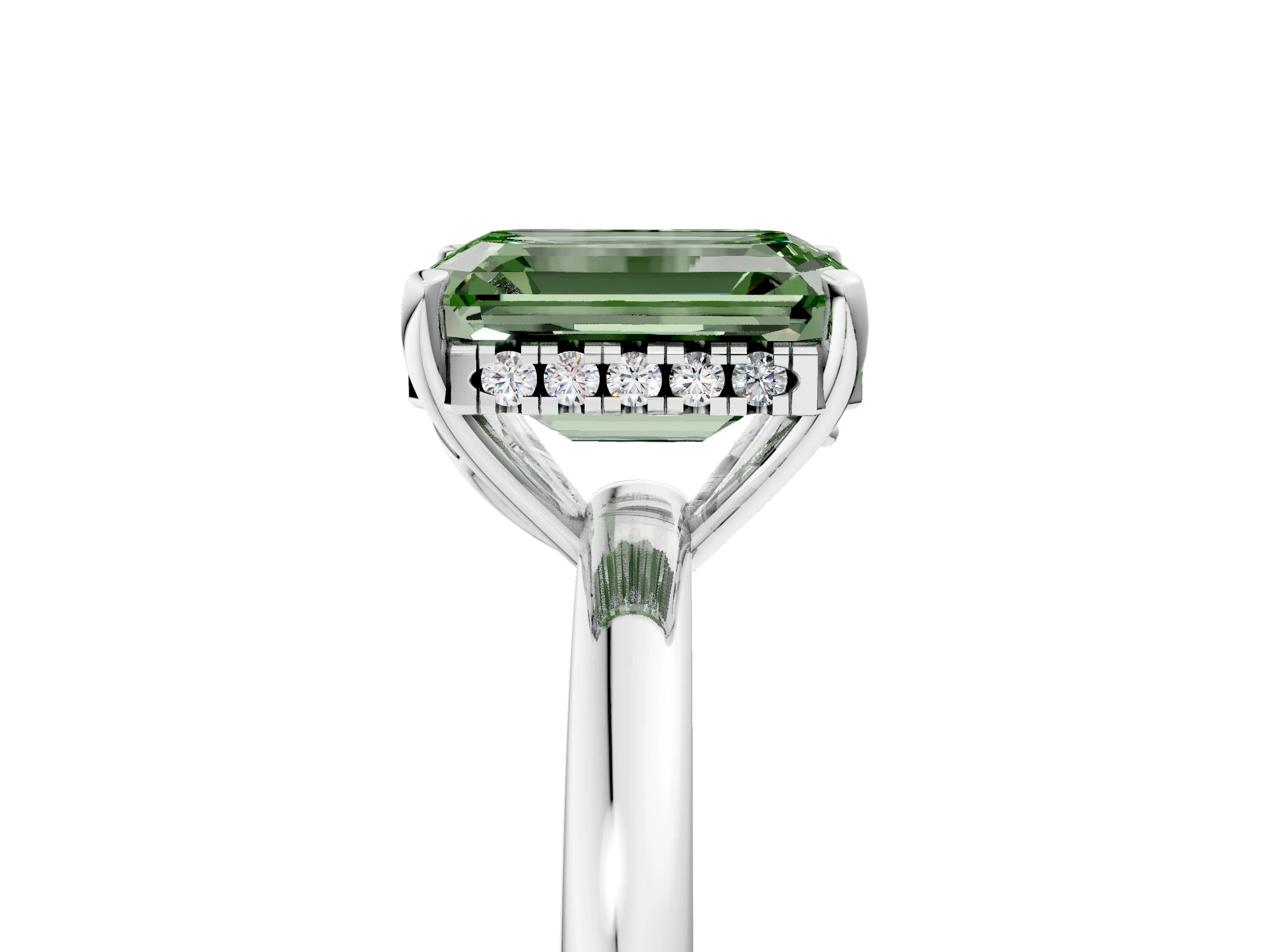 White gold Fancy Green Emerald Cut Solitaire Diamond Ring with Prong Setting and Plain Band_17