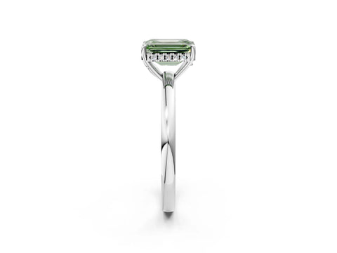 White gold Fancy Green Emerald Cut Solitaire Diamond Ring with Prong Setting and Plain Band_26