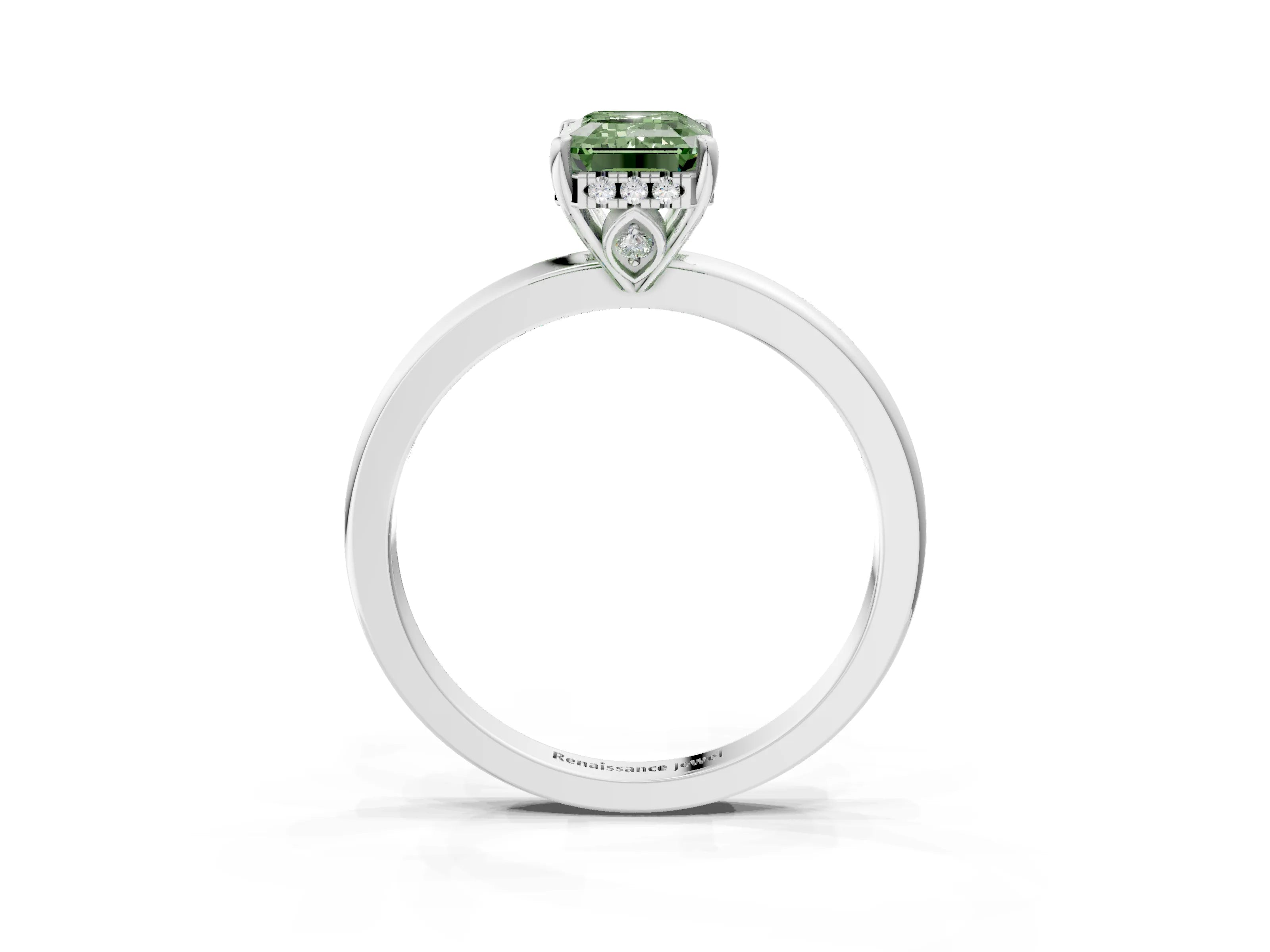 White gold Fancy Green Emerald Cut Solitaire Diamond Ring with Prong Setting and Plain Band_27
