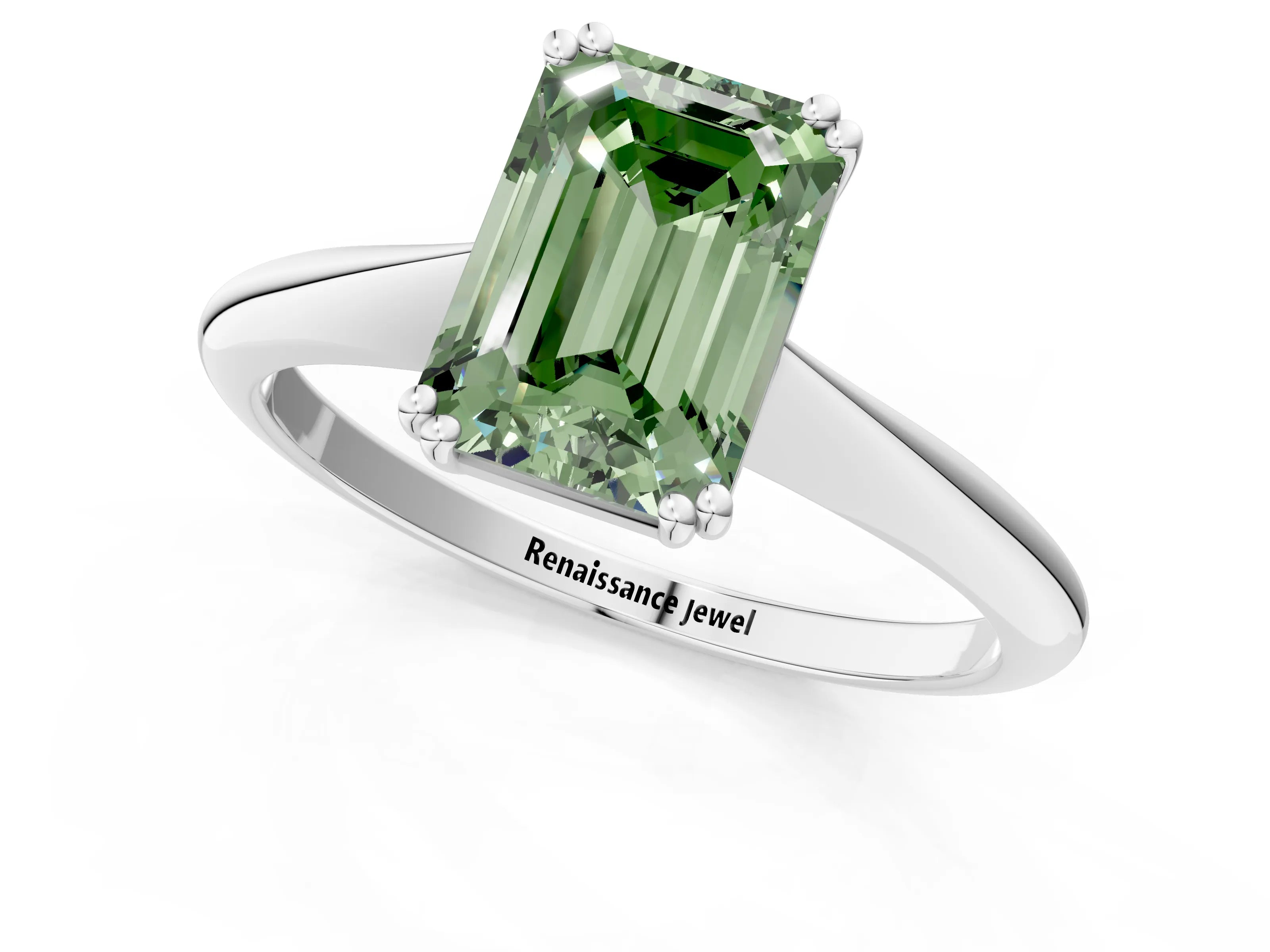 White gold Fancy Green Emerald Cut Solitaire Diamond Ring with Six-Prong Setting and Classic Band_1