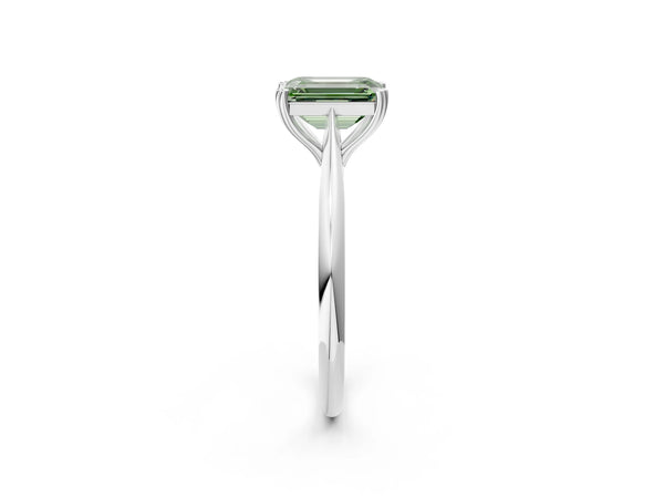 White gold Fancy Green Emerald Cut Solitaire Diamond Ring with Six-Prong Setting and Classic Band