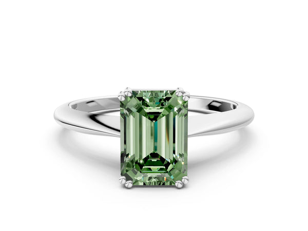 White gold Fancy Green Emerald Cut Solitaire Diamond Ring with Six-Prong Setting and Classic Band