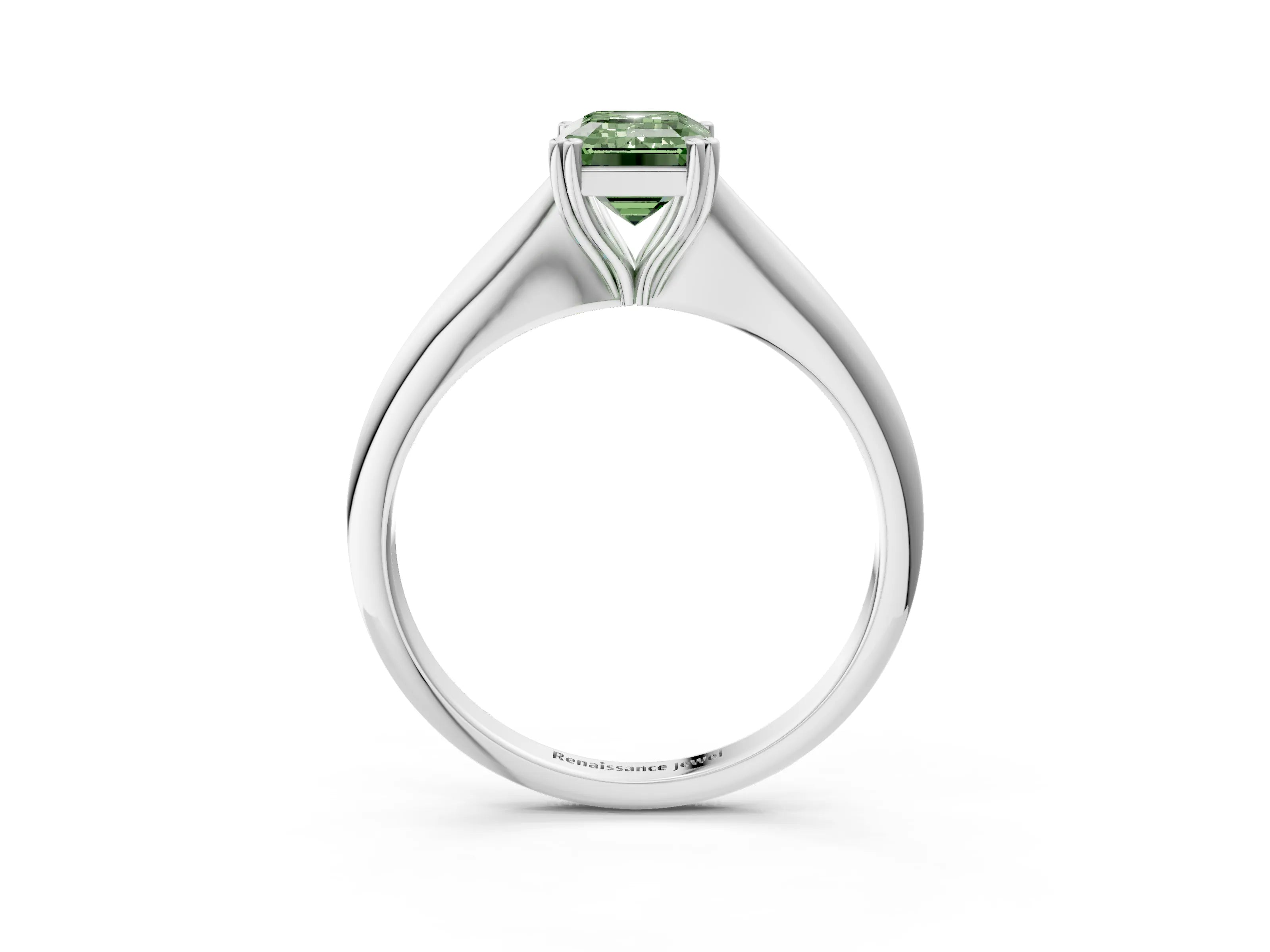 White gold Fancy Green Emerald Cut Solitaire Diamond Ring with Six-Prong Setting and Classic Band_3