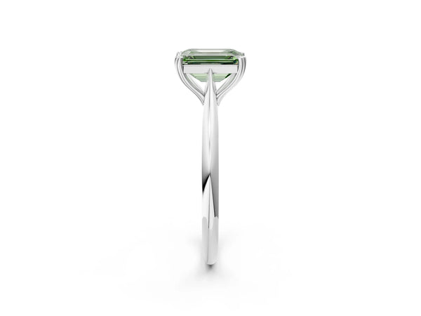 White gold Fancy Green Emerald Cut Solitaire Diamond Ring with Six-Prong Setting and Classic Band