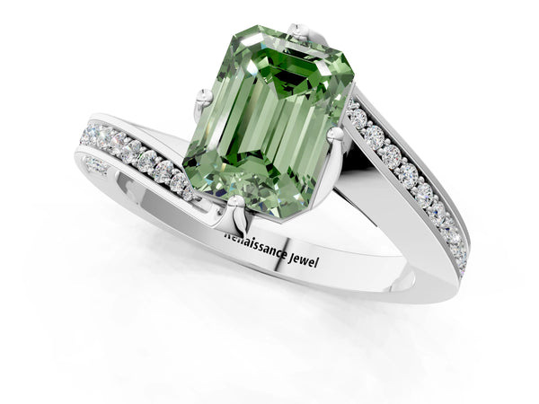 Platinum Emerald Cut Swirl Bypass Pave Engagement Ring Setting for Fancy Green Center