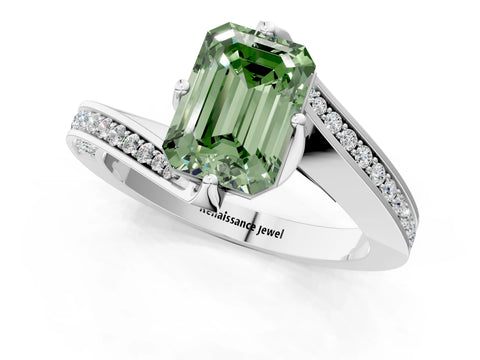 White gold Fancy Green Emerald Cut Solitaire Diamond Twist Band with Pavé Setting and Four-Prong Setting_13