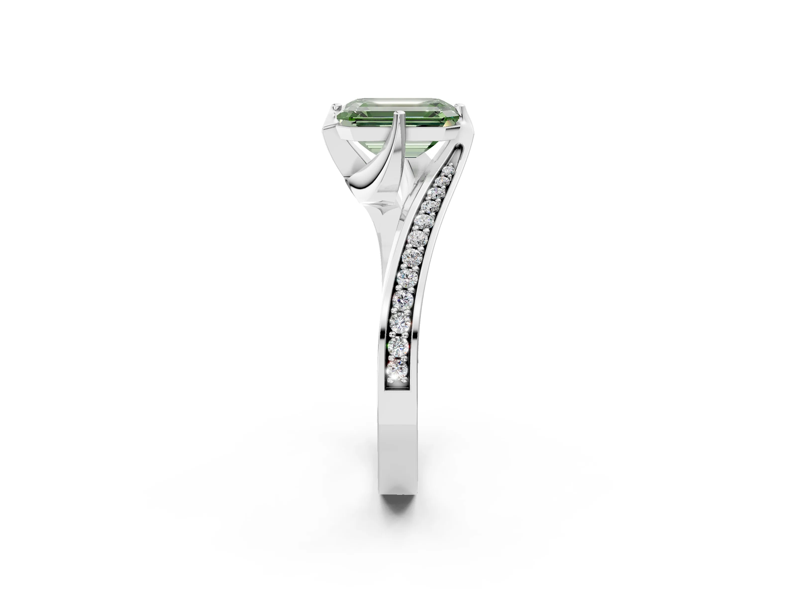 White gold Fancy Green Emerald Cut Solitaire Diamond Twist Band with Pavé Setting and Four-Prong Setting_14