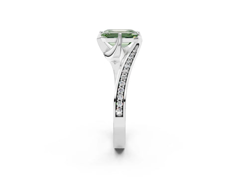White gold Fancy Green Emerald Cut Solitaire Diamond Twist Band with Pavé Setting and Four-Prong Setting_14