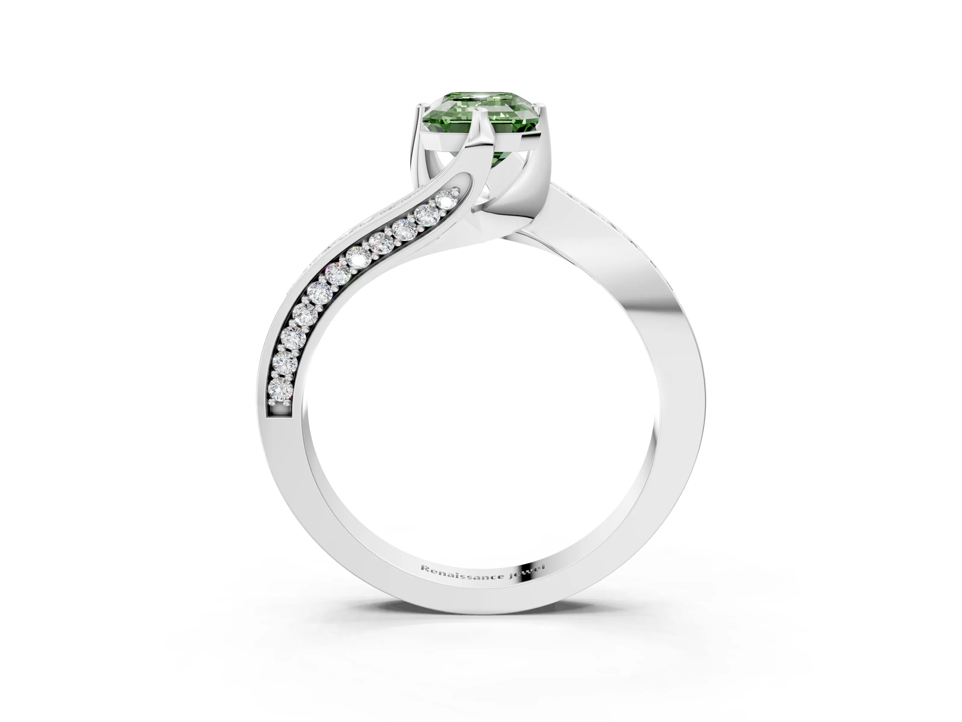 White gold Fancy Green Emerald Cut Solitaire Diamond Twist Band with Pavé Setting and Four-Prong Setting_15