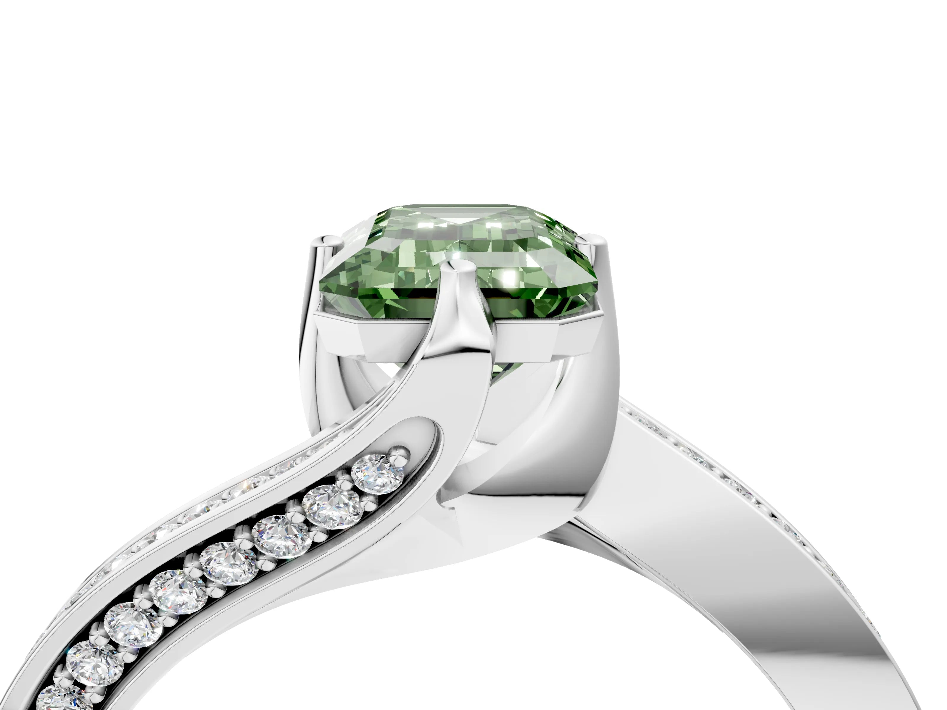 White gold Fancy Green Emerald Cut Solitaire Diamond Twist Band with Pavé Setting and Four-Prong Setting_16