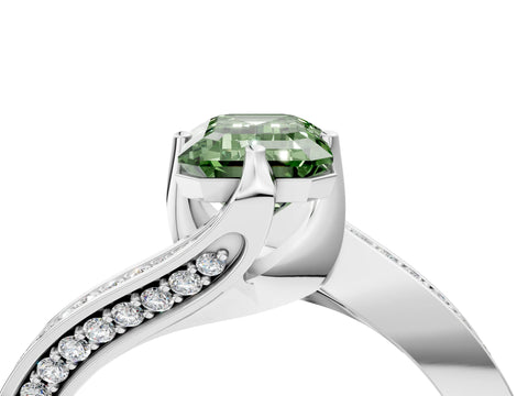 White gold Fancy Green Emerald Cut Solitaire Diamond Twist Band with Pavé Setting and Four-Prong Setting_16