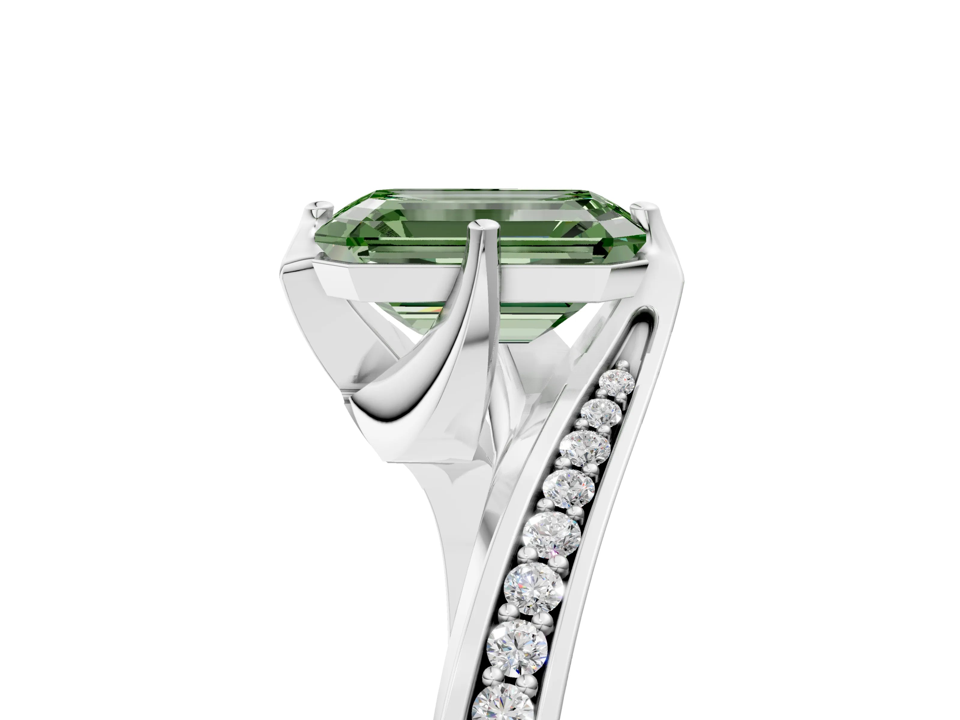 White gold Fancy Green Emerald Cut Solitaire Diamond Twist Band with Pavé Setting and Four-Prong Setting_17