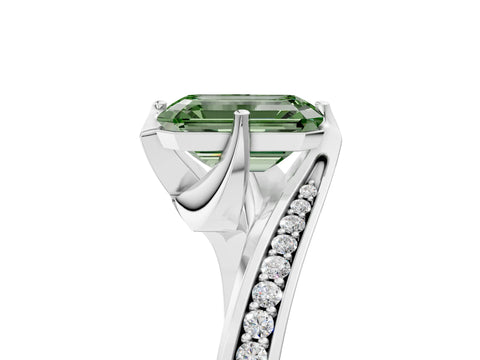 White gold Fancy Green Emerald Cut Solitaire Diamond Twist Band with Pavé Setting and Four-Prong Setting_17