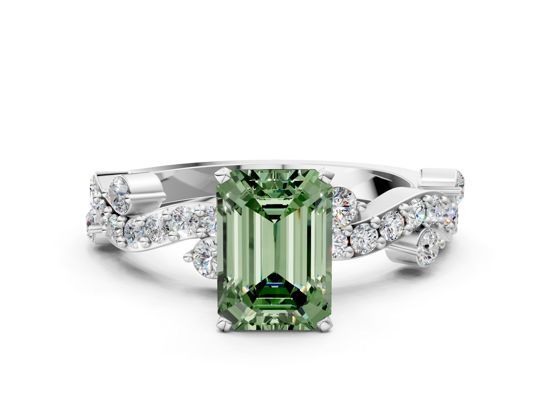 White gold Fancy Green Emerald  Cut Solitaire Diamond Twisted Band with Pave Setting_65