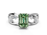 White gold Fancy Green Emerald  Cut Solitaire Diamond with Side Stones on Criss-Cross Band and Four-Prong Setting_3