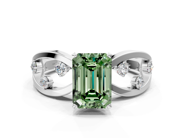 Platinum Fancy Green Emerald  Cut Solitaire Diamond with Side Stones on Criss-Cross Band and Four-Prong Setting