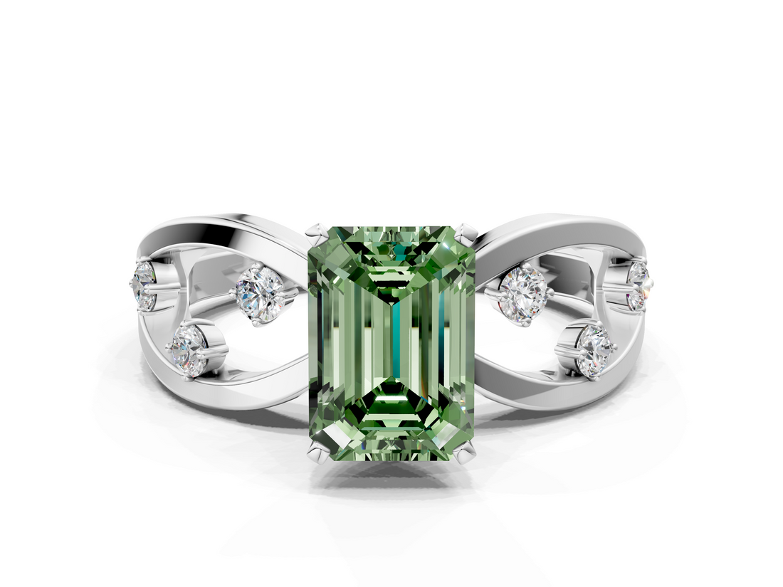 White gold Fancy Green Emerald  Cut Solitaire Diamond with Side Stones on Criss-Cross Band and Four-Prong Setting_3