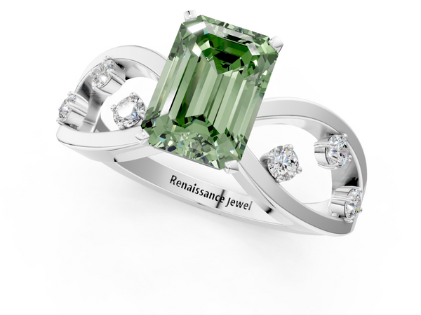 Platinum Fancy Green Emerald  Cut Solitaire Diamond with Side Stones on Criss-Cross Band and Four-Prong Setting