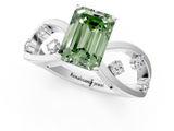 White gold Fancy Green Emerald  Cut Solitaire Diamond with Side Stones on Criss-Cross Band and Four-Prong Setting_4