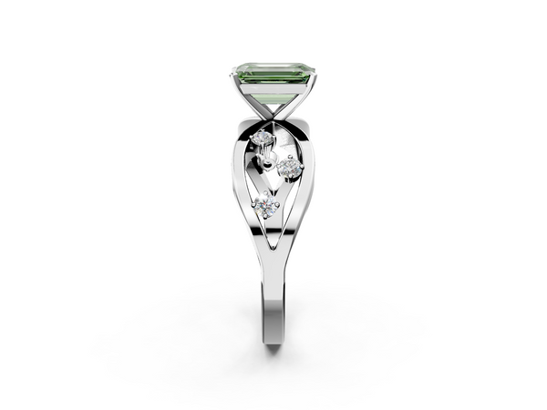 Platinum Fancy Green Emerald  Cut Solitaire Diamond with Side Stones on Criss-Cross Band and Four-Prong Setting