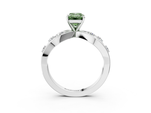 Platinum Fancy Green Emerald  Cut Solitaire Diamond with Side Stones on Criss-Cross Band and Four-Prong Setting