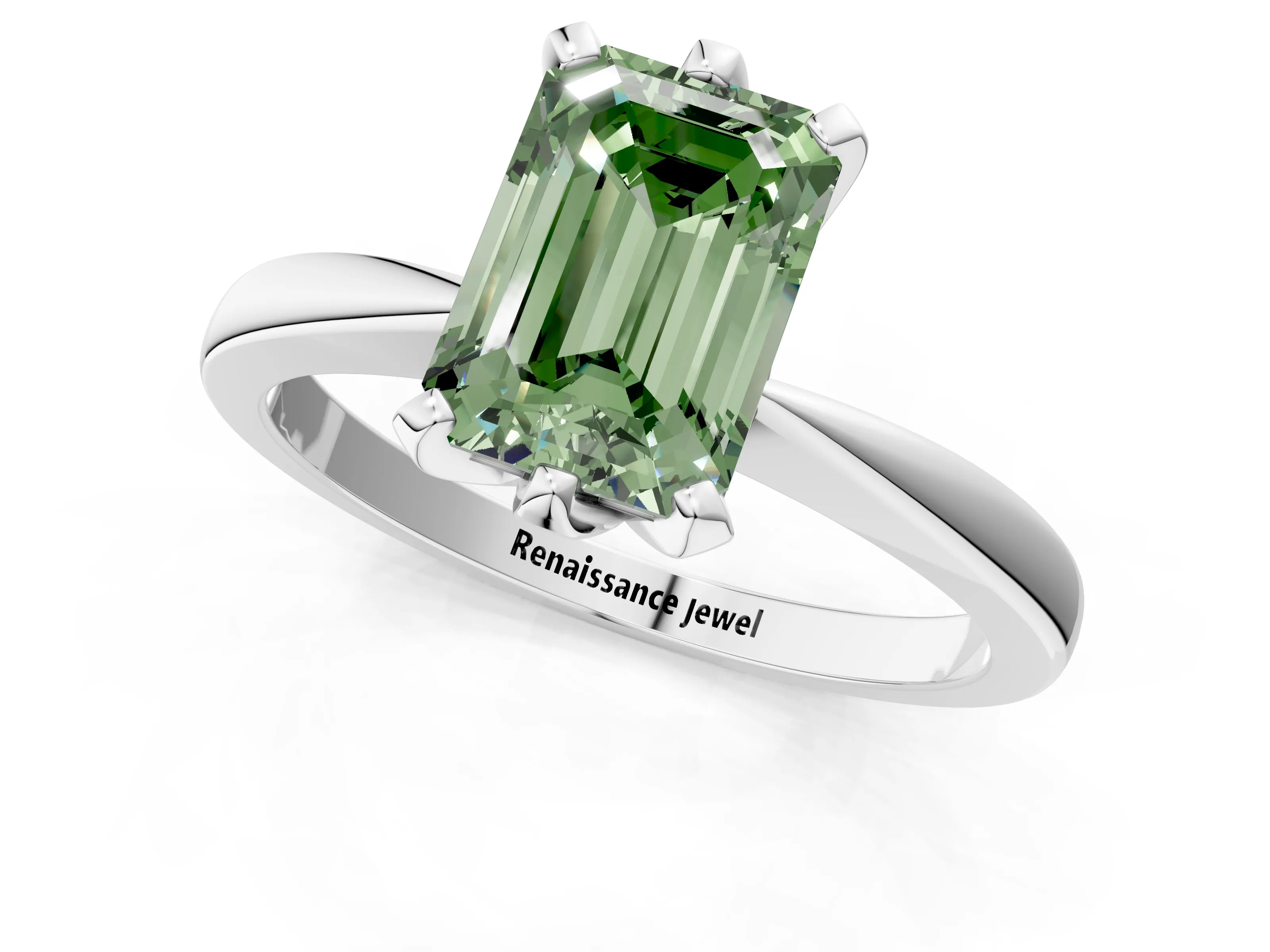 White gold Fancy Green Emerald Cut Solitaire Engagement Ring with Six-Prong Setting and Tapered Band_1