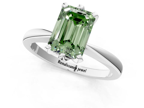 White gold Fancy Green Emerald Cut Solitaire Engagement Ring with Six-Prong Setting and Tapered Band_1