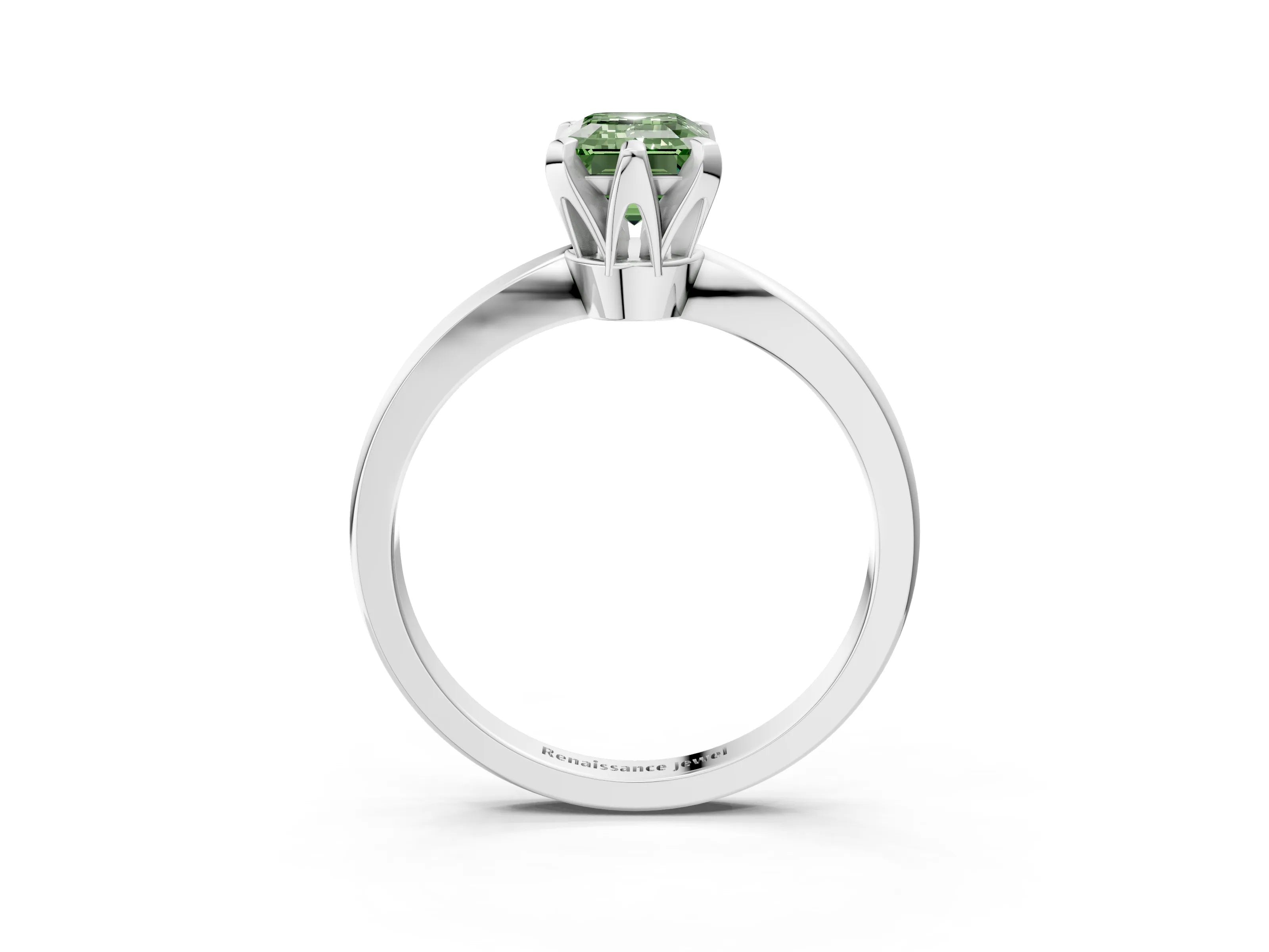 White gold Fancy Green Emerald Cut Solitaire Engagement Ring with Six-Prong Setting and Tapered Band_3