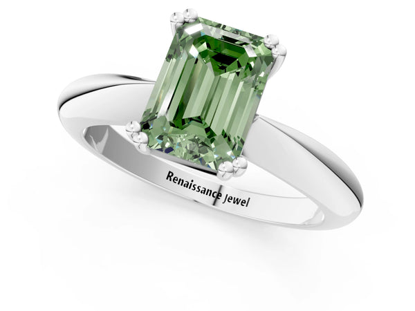 White gold Fancy Green Emerald  Cut Solitaire Engagement Ring with Tapered Band and Four-Prong Setting