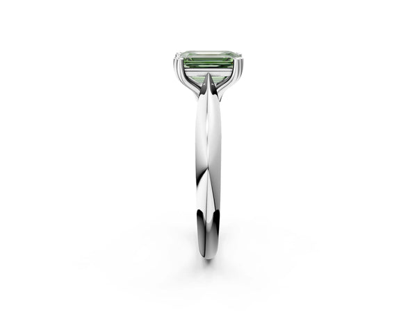 White gold Fancy Green Emerald  Cut Solitaire Engagement Ring with Tapered Band and Four-Prong Setting