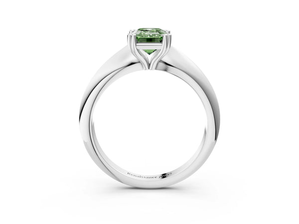 White gold Fancy Green Emerald  Cut Solitaire Engagement Ring with Tapered Band and Four-Prong Setting
