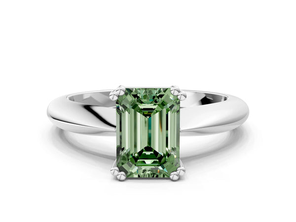 White gold Fancy Green Emerald  Cut Solitaire Engagement Ring with Tapered Band and Four-Prong Setting