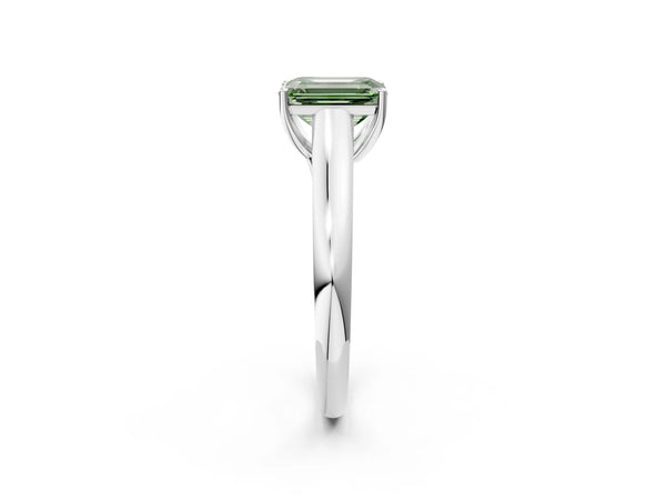 White gold Fancy Green Emerald Cut Solitaire Engagement Ring with Tapered Band and Four-Prong Setting