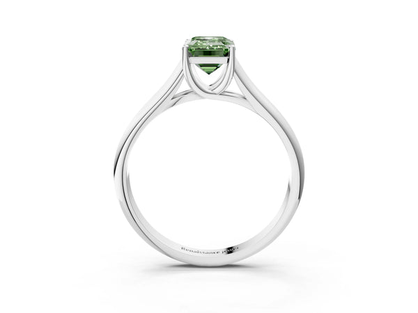 White gold Fancy Green Emerald Cut Solitaire Engagement Ring with Tapered Band and Four-Prong Setting