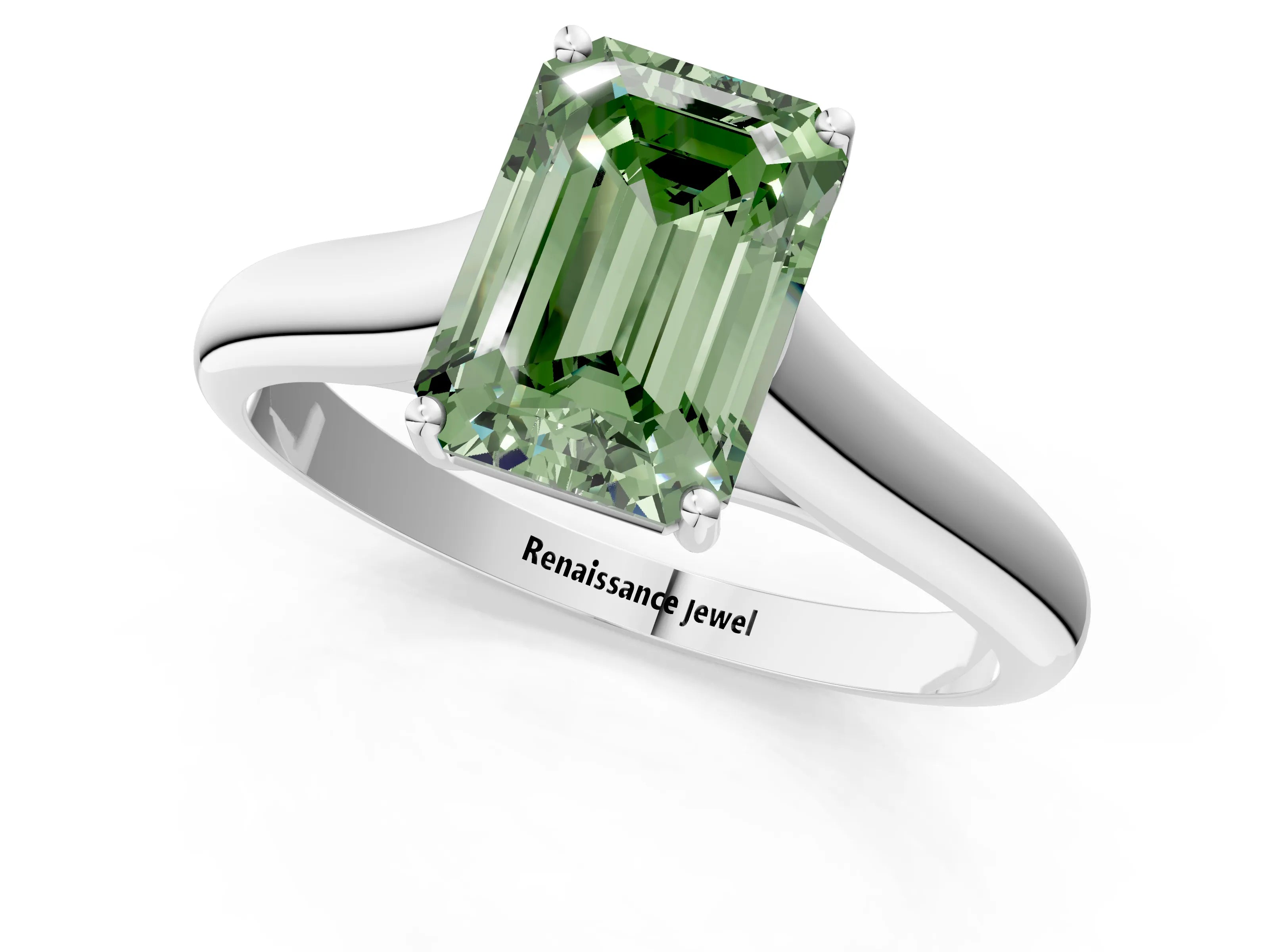 White gold Fancy Green Emerald Cut Solitaire Engagement Ring with Tapered Band and Four-Prong Setting_4